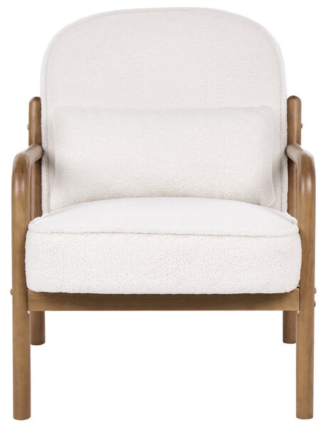 Kreslo krémová biela buklé čalúnenie drevený rám s vankúšom mid-century modern štýl obývacia izba
