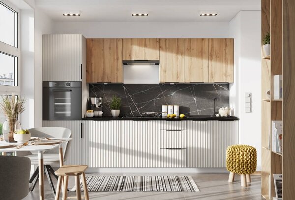 Moderná kuchyňská linka Rijeka 300cm, dub wotan / svetlo sivá