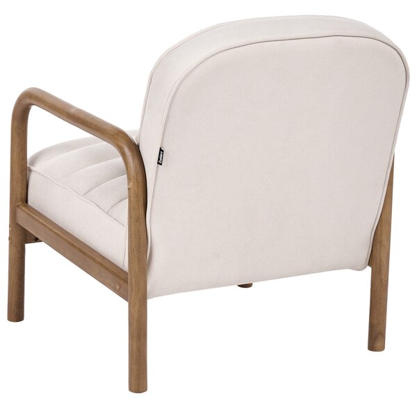 Kreslo svetlobéžové látkové čalúnenie drevený rám s vankúšom mid-century modern štýl obývacia izba