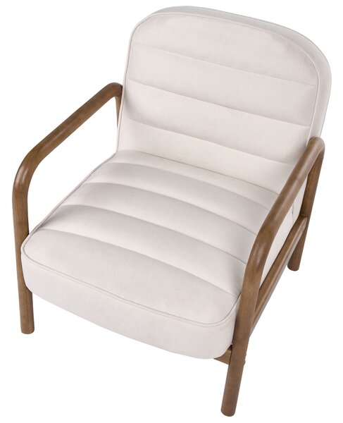 Kreslo svetlobéžové látkové čalúnenie drevený rám s vankúšom mid-century modern štýl obývacia izba