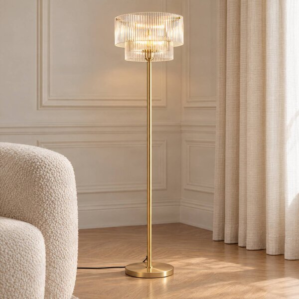 Lucande Stojacia lampa Meritt, mosadz/číre sklo, výška 160 cm, sklo, Mosadz / zlato, Obývacia izba / jedáleň, Sklo, Moderný, Stojaca lampa