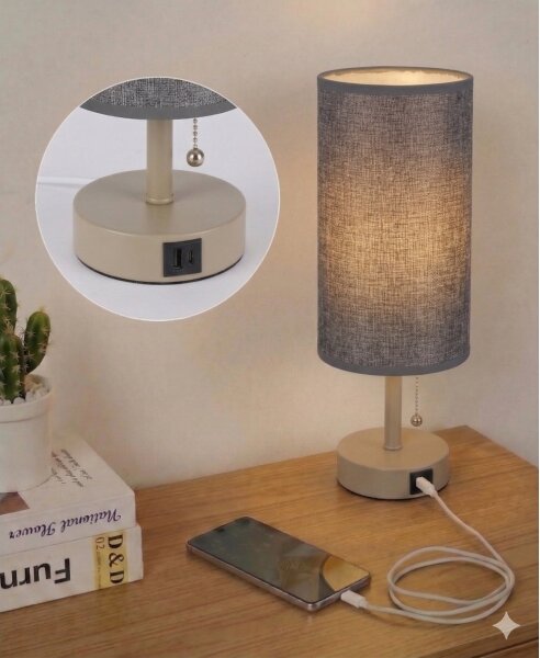 Brilagi - Stolová lampa s USB portom TABLON 1xE27/25W/230V béžová/sivá