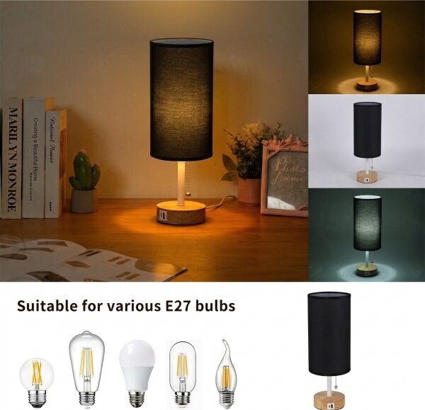 Brilagi - Stolná lampa s USB portom TABLON 1xE27/25W/230V dub/biela/čierna