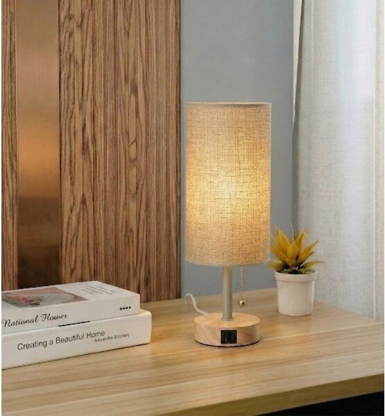 Brilagi - Stolná lampa s USB portom TABLON 1xE27/25W/230V dub/béžová