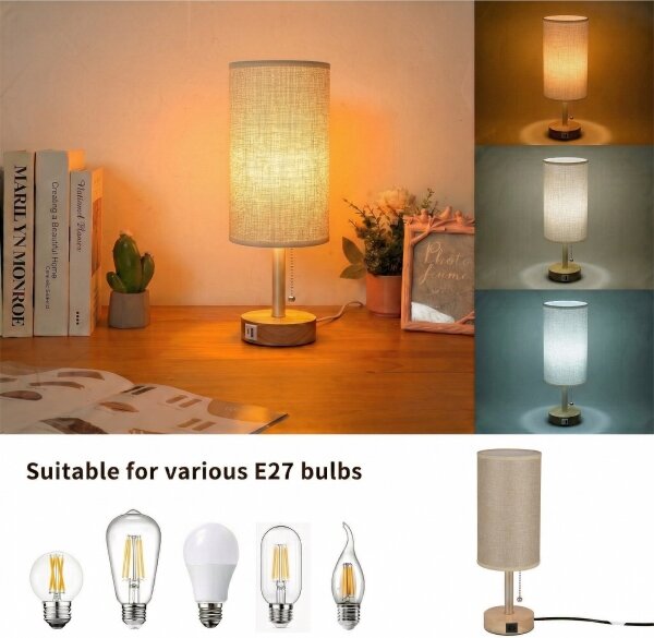 Brilagi - Stolná lampa s USB portom TABLON 1xE27/25W/230V dub/béžová