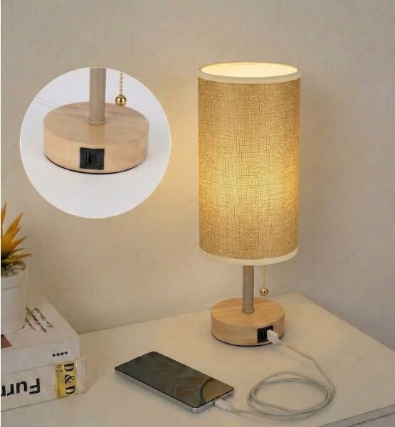 Brilagi - Stolná lampa s USB portom TABLON 1xE27/25W/230V dub/béžová