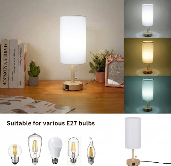 Brilagi - Stolná lampa s USB portom TABLON 1xE27/25W/230V dub/béžová/biela