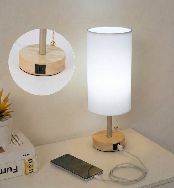 Brilagi - Stolná lampa s USB portom TABLON 1xE27/25W/230V dub/béžová/biela