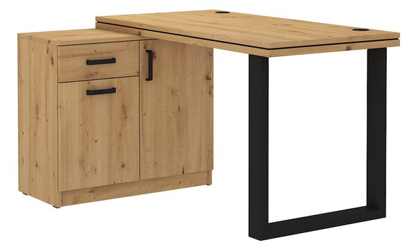 Rohový písací stôl LUGANO 138 cm s komodou a hrubou doskou Farba: Dub artisan + svetlo sivý korpus