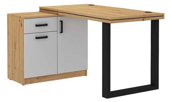 Rohový písací stôl LUGANO 138 cm s komodou a hrubou doskou Farba: Dub artisan + svetlo sivý korpus