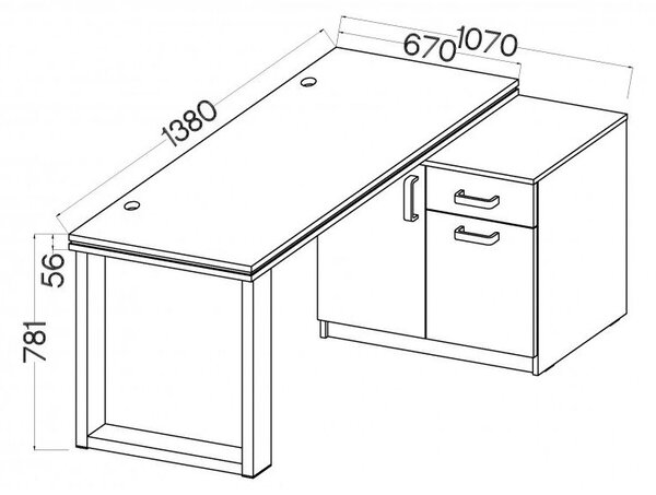 Rohový písací stôl LUGANO 138 cm s komodou a hrubou doskou Farba: Dub artisan + svetlo sivý korpus