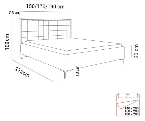 ČALÚNENÁ POSTEĽ NOEMI SILVER 140x200 S ROŠTOM ROYAL VELVET 170