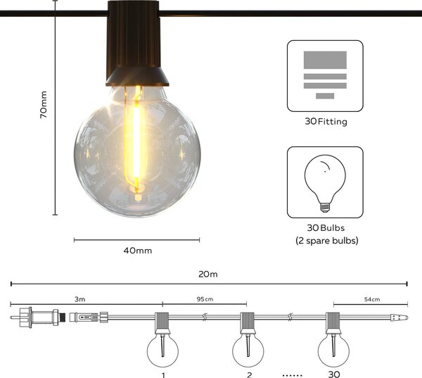 Calex solárna LED reťaz Vista, dĺžka 20 metrov, IP44, Čierna, Plast