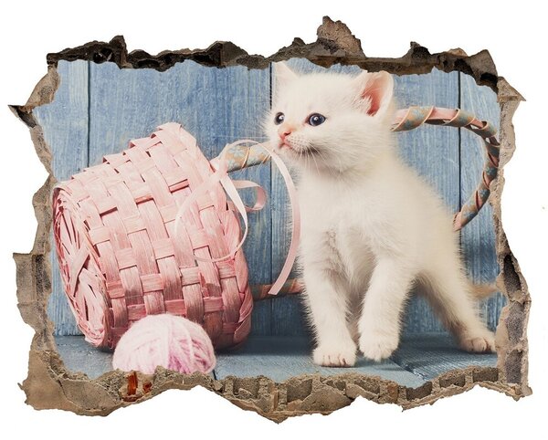 Díra 3D fototapeta nástěnná Biela mačka a klbka
