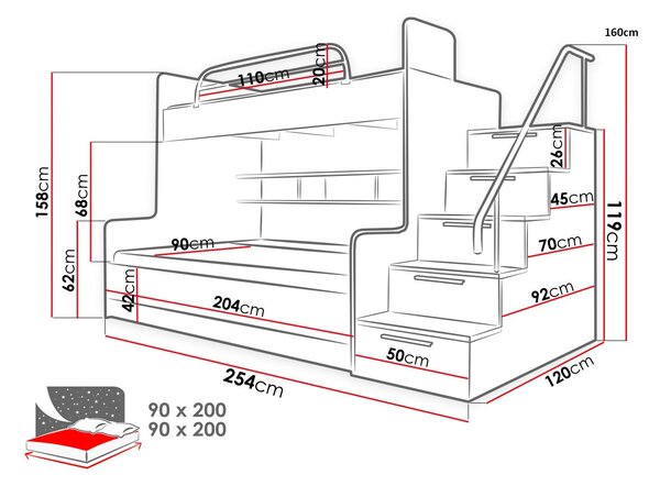 Detská poschodová posteľ RENI 2 - 90x200, biela / tyrkysová