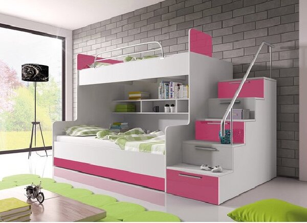 Detská poschodová posteľ RENI 2 - 90x200, biela / ružová