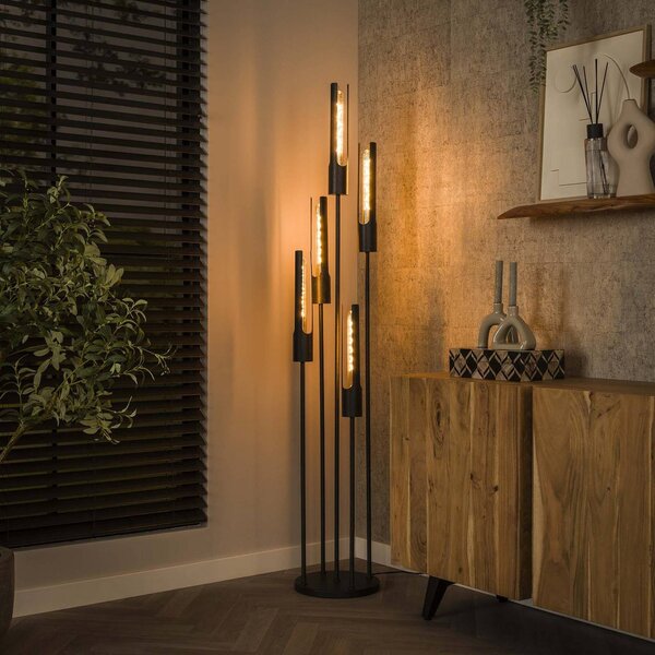 Stojacia lampa Tube, 5 svetiel, čierna, kov, Čierna, Obývacia izba / jedáleň, kov, Moderný