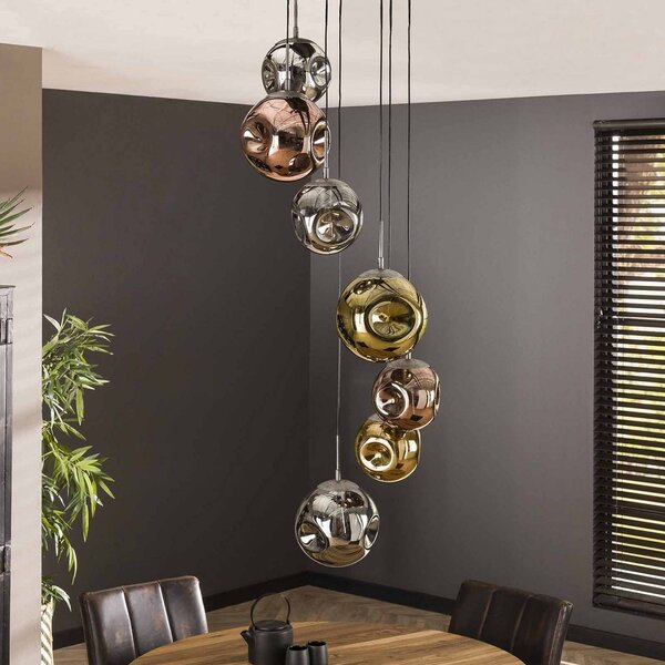 Závesné svietidlo Stellar 7-light round, antická strieborná, viacfarebné sklo, Viacfarebné, Obývacia izba / jedáleň, Sklo, Závesné svietidlo