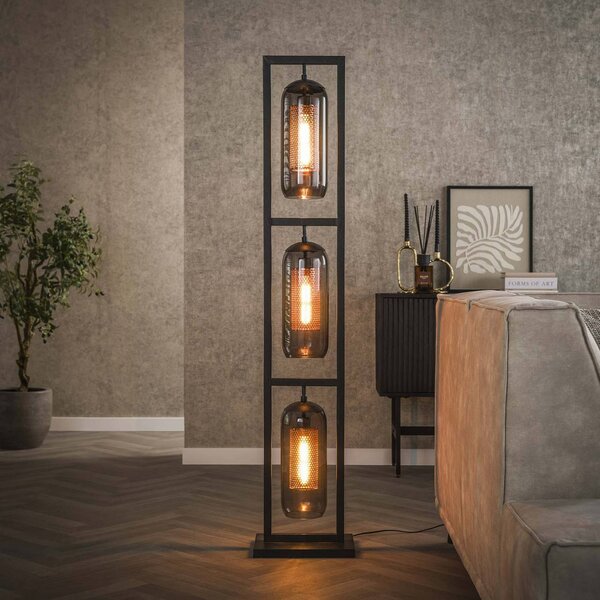 Stojacia lampa Kamilian, 3 svetlá, dymovo sivá, čierna, sklo, kov, Hliník / sivá / zinok, Obývacia izba / jedáleň, Sklo, Moderný, Stojaca lampa