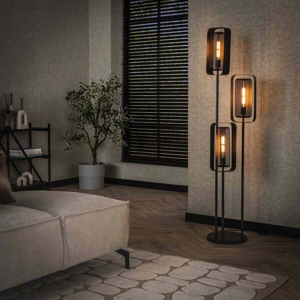 ZIJLSTRA Stojacia lampa Alma, 3 svetlá, čierna, kov, otočné sieťované tienidlo, Čierna, Obývacia izba / jedáleň, kov, Moderný, Stojaca lampa
