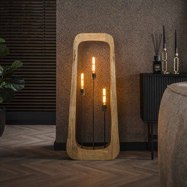 Stojacia lampa v drevenom ráme, 3 svetlá, mangové drevo, prírodná farba, Svetlé drevo, Obývacia izba / jedáleň, Drevo, Moderný