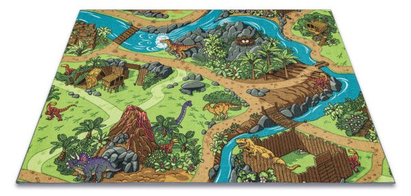 Detský koberec REBEL ROADS Dino World 29 Dinosaury, protišmykový - sivý / zelený