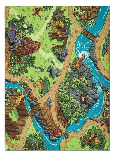 Detský koberec REBEL ROADS Dino World 29 Dinosaury, protišmykový - sivý / zelený