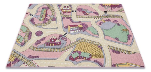 Detský koberec REBEL ROADS Playtime 63 Mesto protišmykový - ružový / béžový