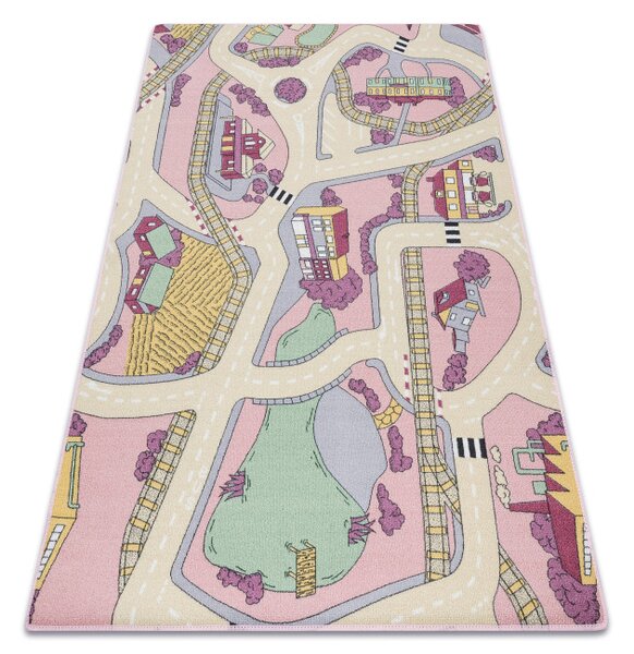 Detský koberec REBEL ROADS Playtime 63 Mesto protišmykový - ružový / béžový