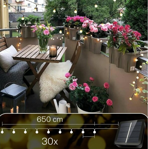 LED solárny dekoračný reťazec 30xLED/8 funkcií 500 mAh 6,5 m IP67 teplá biela