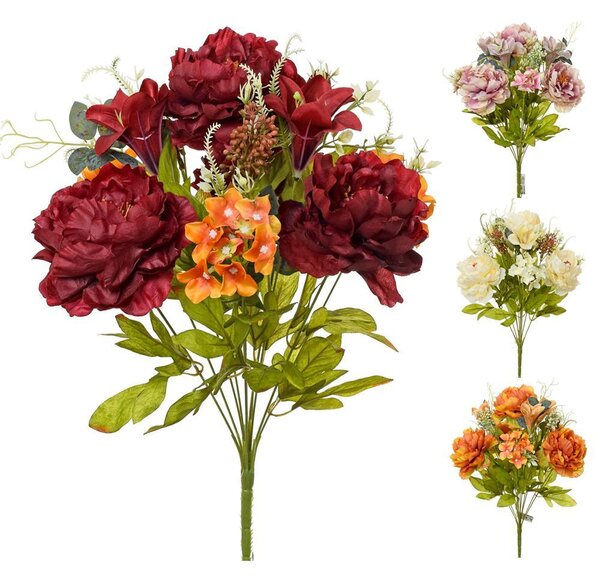 Kytica pivonia + ľalia + hortenzia 49cm biela 202343B - Umelé kvety