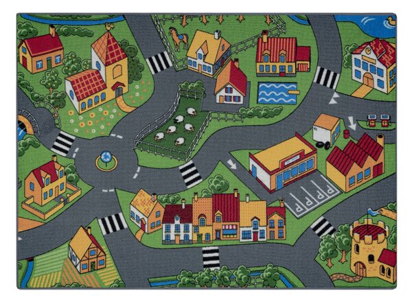 Detský koberec REBEL ROADS Village life 90 Osada, protišmykový - sivý
