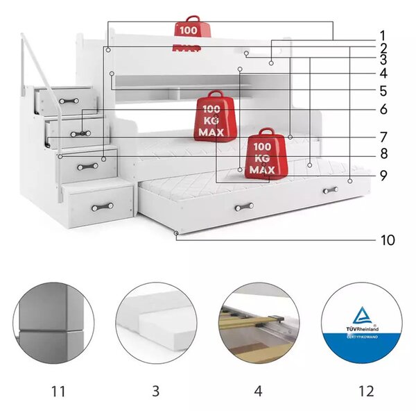 MAX 3 - Poschodová posteľ (rozšírená) s prístelkou - 200x120cm - Biely - Biely (MAX 3 s prístelkou)