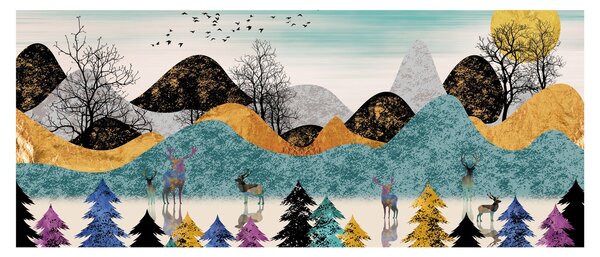 Grafický obraz s jeleňmi (120x50 cm)