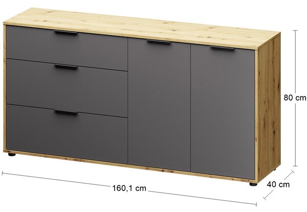 Dvojdverová komoda so zásuvkami Neston 1600-2D/3DR - sivý grafit / dub wotan