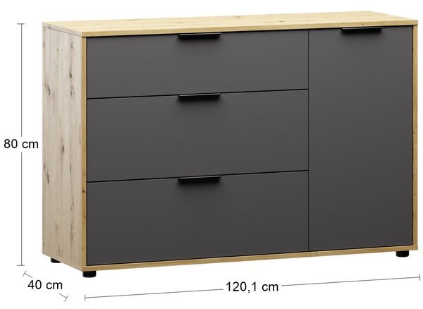 Komoda so zásuvkami Neston 1D/3DR - sivý grafit / dub wotan