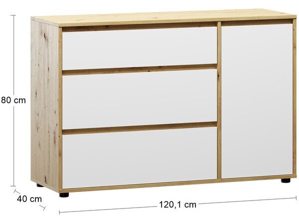 Komoda so zásuvkami Norman CH-1D/3DR - biela / dub wotan