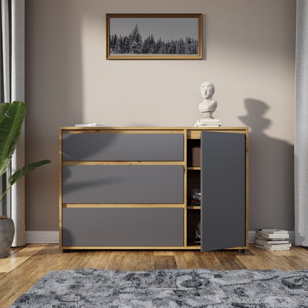 Komoda so zásuvkami Norman CH-1D/3DR - sivý grafit / dub wotan