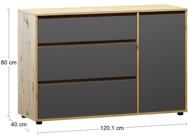 Komoda so zásuvkami Norman CH-1D/3DR - sivý grafit / dub wotan