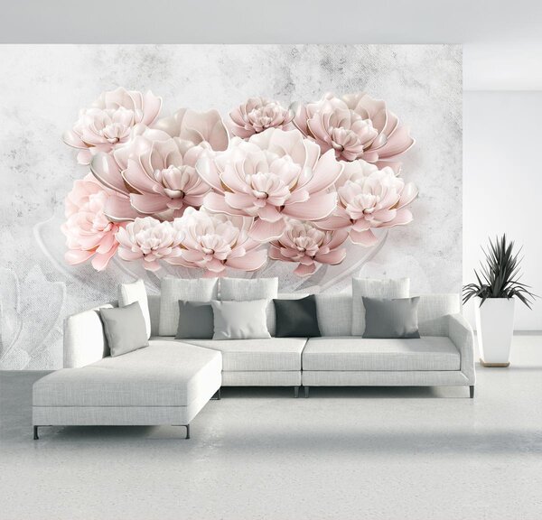 Fototapeta - Ružové kvety na stene (296x200 cm)