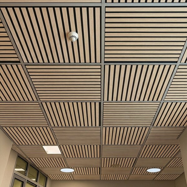 Drevený akustický panel pre stropnú rastrovú konštrukciu, 595 x 595 mm, B2BP008, balenie 4 ks, dub sonoma