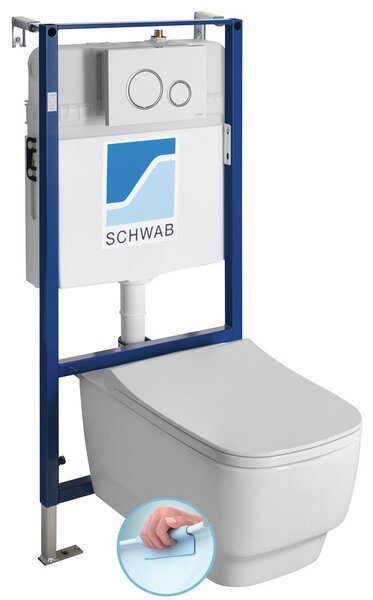 , Závesné WC BELLO Rimless s podomietkovou nádržkou a tlačidlom Schwab, biela, 100214-SET5
