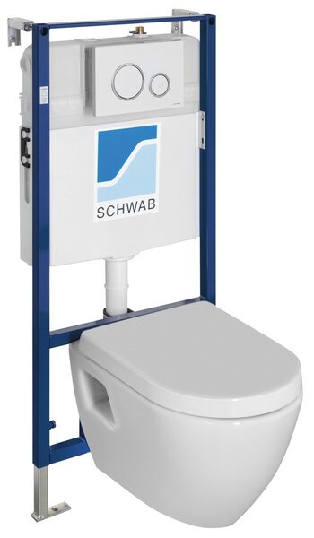 , Závesné WC NERA s podomietkovou nádržkou a tlačidlom Schwab, biela, NS952-SET5