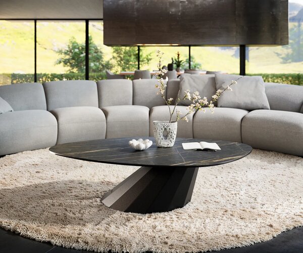 DELIFE Konferenčný stolík Edge organický 140x76 cm keramika Laminam® Noir Desir hnedá Parabi kov čierna