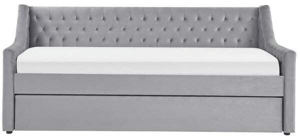 Rozkladacia posteľ sivá zamat 90 x 200 cm s roštom prešívané čelo s gombíkmi glamour štýl spálňa