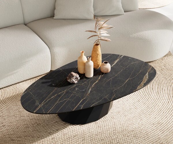 DELIFE Konferenčný stolík Edge oválny 140x75 cm keramika Laminam® Noir Desir hnedá Parabi kov čierna