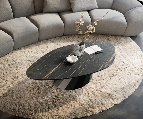 DELIFE Konferenčný stolík Edge organický 140x76 cm keramika Laminam® Noir Desir hnedá Parabi kov čierna