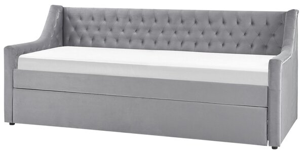 Rozkladacia posteľ sivá zamat 90 x 200 cm s roštom prešívané čelo s gombíkmi glamour štýl spálňa