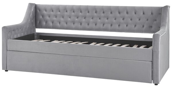 Rozkladacia posteľ sivá zamat 90 x 200 cm s roštom prešívané čelo s gombíkmi glamour štýl spálňa