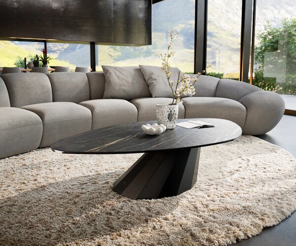 DELIFE Konferenčný stolík Edge organický 140x76 cm keramika Laminam® Noir Desir hnedá Parabi kov čierna